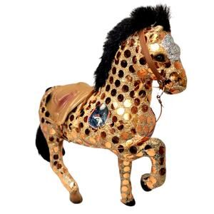7" VNTG Broncos Sequined Model Horse W/Rooted Tail &  Fur Mane ~Bridle & Saddle